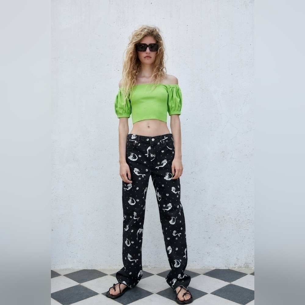 ZARA KNIT TOP WITH BALLOON SLEEVES neon green off the shoulder medium